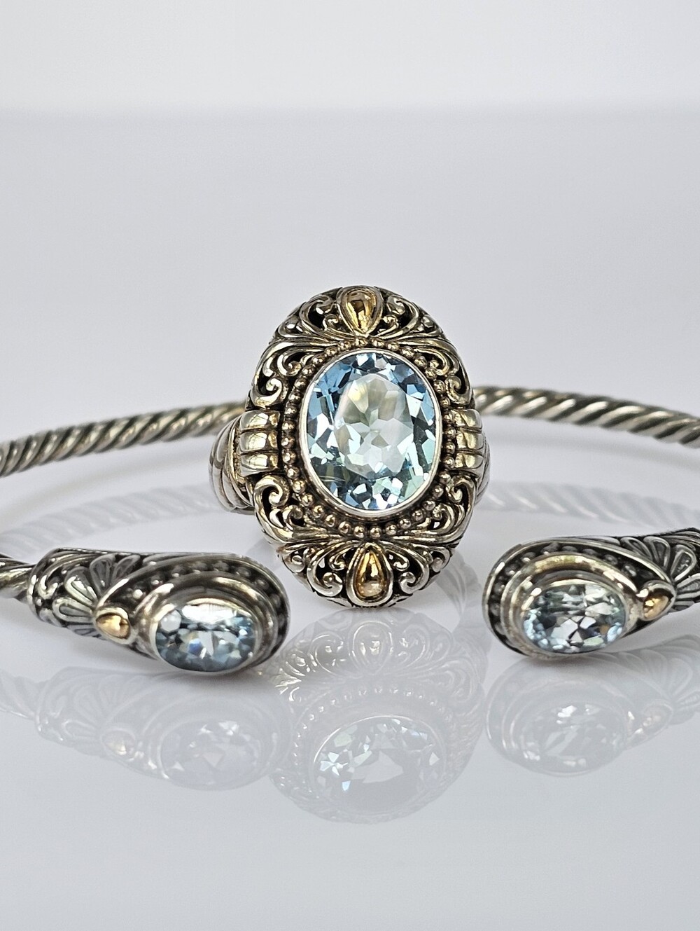Set Natural Sky Blue Topaz Ring & Bracelet in 18K & Sterling Silver Sz 8!